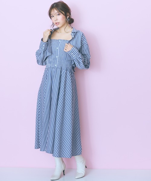 marun（マルン）の「＜大きいサイズ＞２点セット（ストライプシャツ＋ワンピース） marun（ワンピース・レディース・ネイビー/ピンク・4L/3L/LL/L/5L）」の4枚目の写真