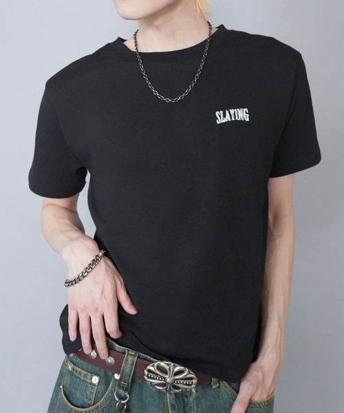 SPINNS（スピンズ）の「短丈Tシャツ/ワンポイントロゴ/ショート丈（Tシャツ/カットソー・メンズ・ブラック系その他/ブラック/アイボリー・M）」の2枚目の写真