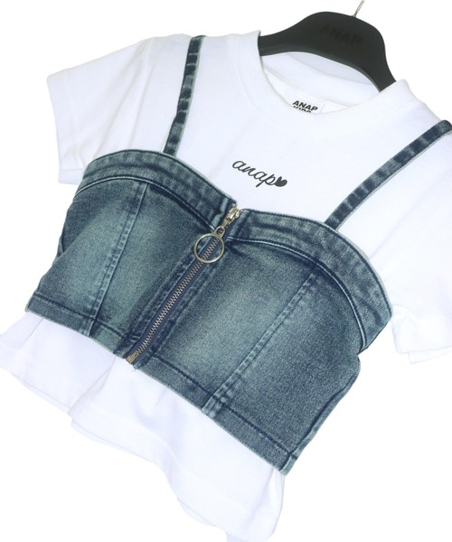 ANAP kids（アナップキッズ）の「バッグ スピンドル ビスチェ × Tシャツ SET 【ジュニアお揃い】（Tシャツ/カットソー・キッズ・ベージュ/ブルー・130cm/120cm）」の5枚目の写真