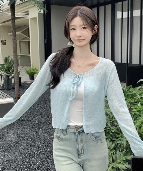 Mayree(メイリー)の「【Mayree】フロント リボン シアー ニット 長袖 カーディガン(カーディガン/ボレロ・レディース・ピンク/グリーン/ブルー/ブラック/アイボリー・FREE)」の17枚目の写真