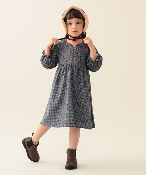 BEAMS mini（ビームスミニ）の「フラワー チェック コーデュロイ ワンピース 2025FW（90～140cm）（ワンピース・キッズ・パープル系その他4/ブラウン/インディゴブルー・110/100/90/140/130/120）」の3枚目の写真