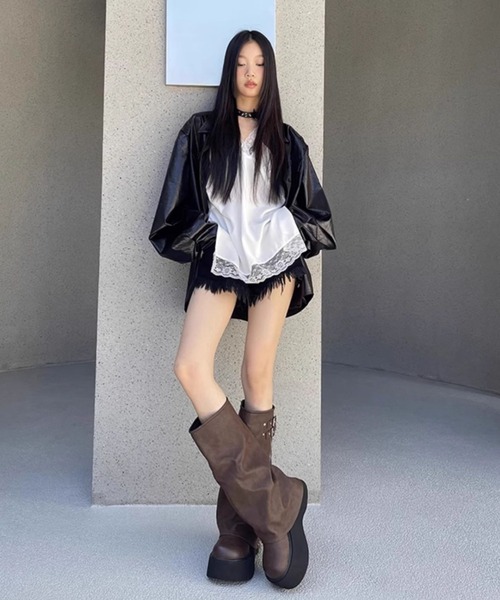 セール】【25年秋冬新作】Y2K サイドジッパー ダブルベルト 厚底ブーツ