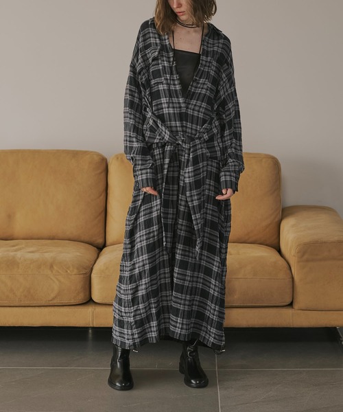side drawstring double collar check shirt OP（シャツワンピース