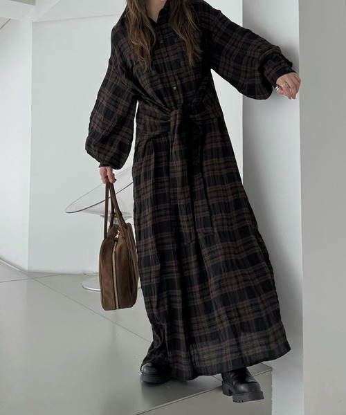 ワンピース sidedrawstring doublecollar checkshirtOP セール】side drawstring double collar check shirt OP（シャツ