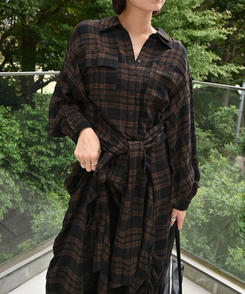 セール】side drawstring double collar check shirt OP（シャツ