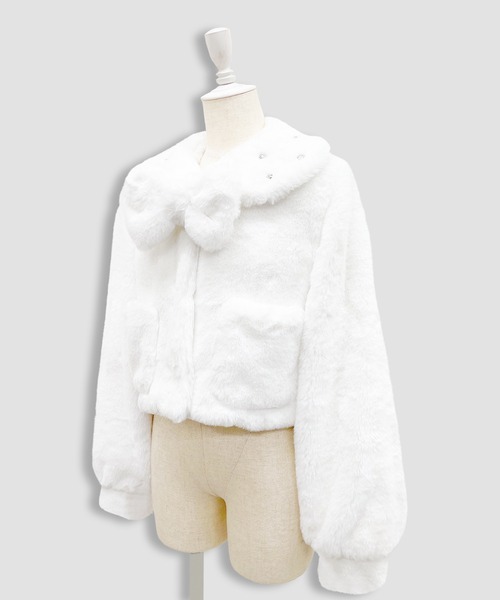 Honey Cinnamon（ハニーシナモン）の「ビジュー衿エコファーリボンコート（その他アウター・レディース・ピンク/ホワイト・FREE）」の7枚目の写真