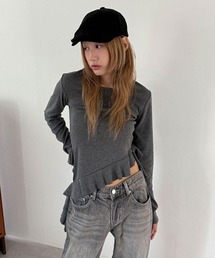 【レイヤードに最適!】アシメ フリル ラウンド 長袖 Tシャツ