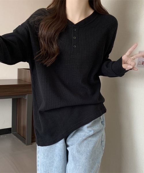 SHEPP(シープ)の「ルーズワッフルヘンリーネックロンT(Tシャツ/カットソー・レディース・ホワイト/ブラック/グレー・L/M)」の11枚目の写真