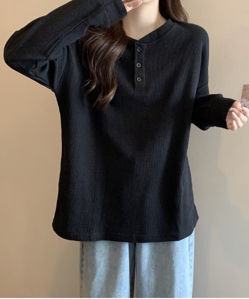 SHEPP(シープ)の「ルーズワッフルヘンリーネックロンT(Tシャツ/カットソー・レディース・ホワイト/ブラック/グレー・L/M)」の12枚目の写真