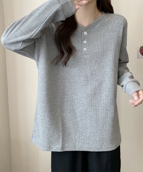 SHEPP(シープ)の「ルーズワッフルヘンリーネックロンT(Tシャツ/カットソー・レディース・ホワイト/ブラック/グレー・L/M)」の15枚目の写真