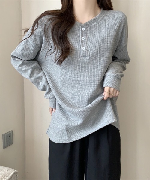 SHEPP(シープ)の「ルーズワッフルヘンリーネックロンT(Tシャツ/カットソー・レディース・ホワイト/ブラック/グレー・L/M)」の17枚目の写真