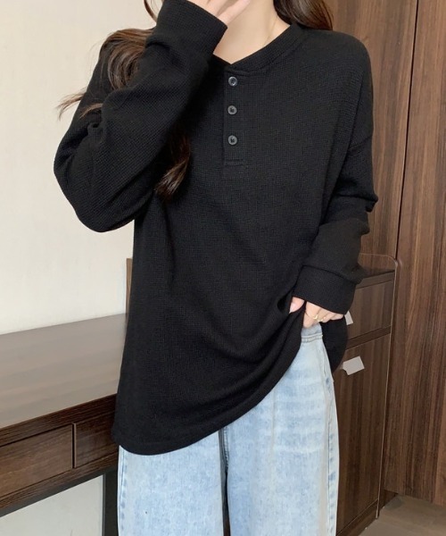 SHEPP(シープ)の「ルーズワッフルヘンリーネックロンT(Tシャツ/カットソー・レディース・ホワイト/ブラック/グレー・L/M)」の13枚目の写真