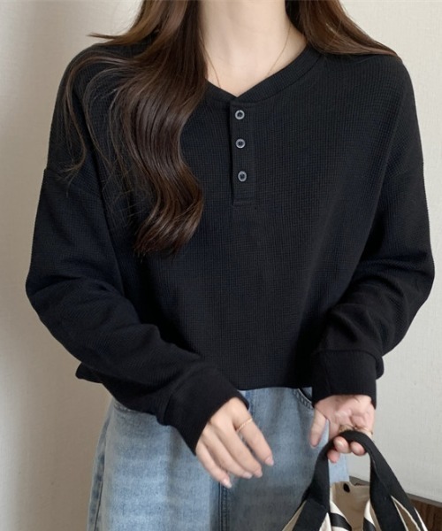 SHEPP(シープ)の「ルーズワッフルヘンリーネックロンT(Tシャツ/カットソー・レディース・ホワイト/ブラック/グレー・L/M)」の10枚目の写真