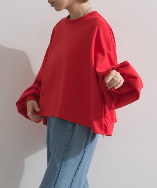 enhaut(アンオート)の「OE天竺 ワイドボリューム クロップド Tシャツ ロンT 長袖(Tシャツ/カットソー・レディース・ブラック/杢グレー/ブルー/レッド・FREE)」の18枚目の写真