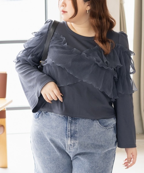 CLETTE（クレット）の「CLETTEオリジナルクロスチュール長袖リブプルオーバー（Tシャツ/カットソー・レディース・アイボリー/ブルー/チャコールグレー・LL/3L/4L）」の3枚目の写真