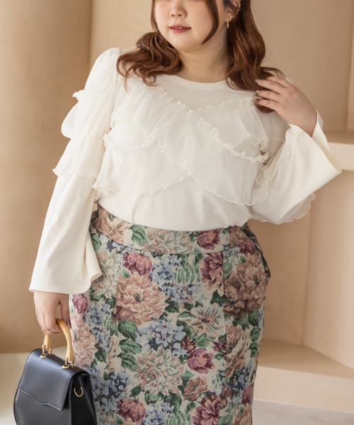 CLETTE（クレット）の「CLETTEオリジナルクロスチュール長袖リブプルオーバー（Tシャツ/カットソー・レディース・アイボリー/ブルー/チャコールグレー・LL/3L/4L）」の2枚目の写真