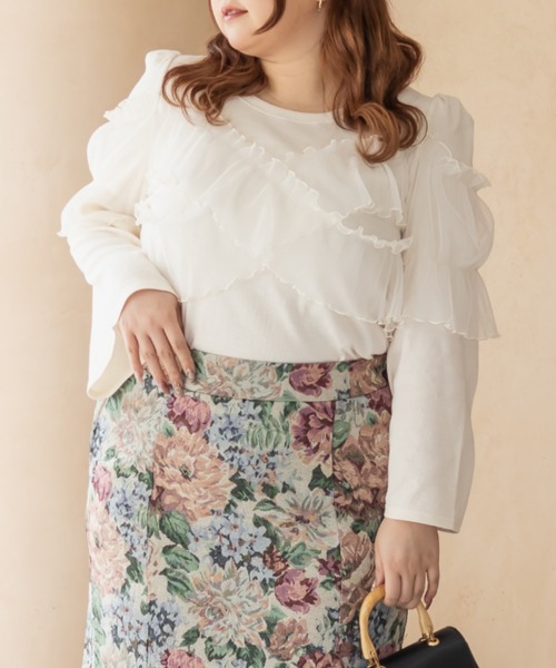 CLETTE（クレット）の「CLETTEオリジナルクロスチュール長袖リブプルオーバー（Tシャツ/カットソー・レディース・アイボリー/ブルー/チャコールグレー・LL/3L/4L）」の4枚目の写真