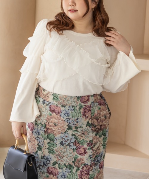 CLETTE（クレット）の「CLETTEオリジナルクロスチュール長袖リブプルオーバー（Tシャツ/カットソー・レディース・アイボリー/ブルー/チャコールグレー・LL/3L/4L）」の5枚目の写真