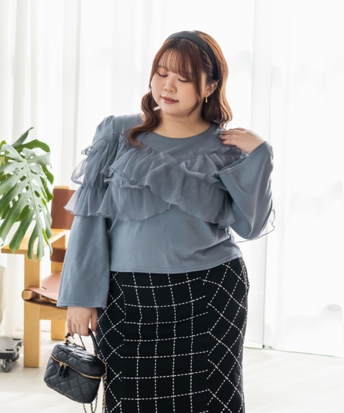 CLETTE（クレット）の「CLETTEオリジナルクロスチュール長袖リブプルオーバー（Tシャツ/カットソー・レディース・アイボリー/ブルー/チャコールグレー・LL/3L/4L）」の15枚目の写真