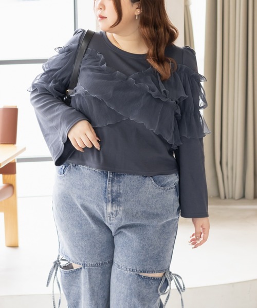 CLETTE（クレット）の「CLETTEオリジナルクロスチュール長袖リブプルオーバー（Tシャツ/カットソー・レディース・アイボリー/ブルー/チャコールグレー・LL/3L/4L）」の9枚目の写真