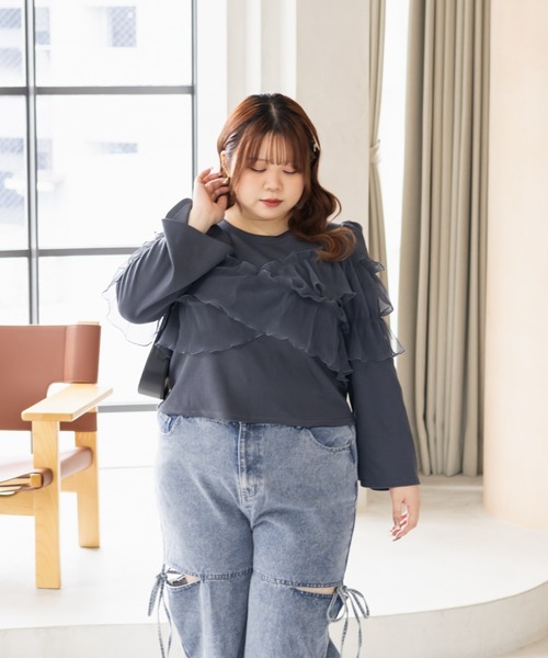CLETTE（クレット）の「CLETTEオリジナルクロスチュール長袖リブプルオーバー（Tシャツ/カットソー・レディース・アイボリー/ブルー/チャコールグレー・LL/3L/4L）」の13枚目の写真