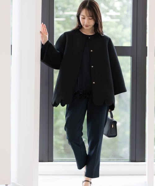 スカラップAラインジャケットコート（ノーカラーコート）｜Neige