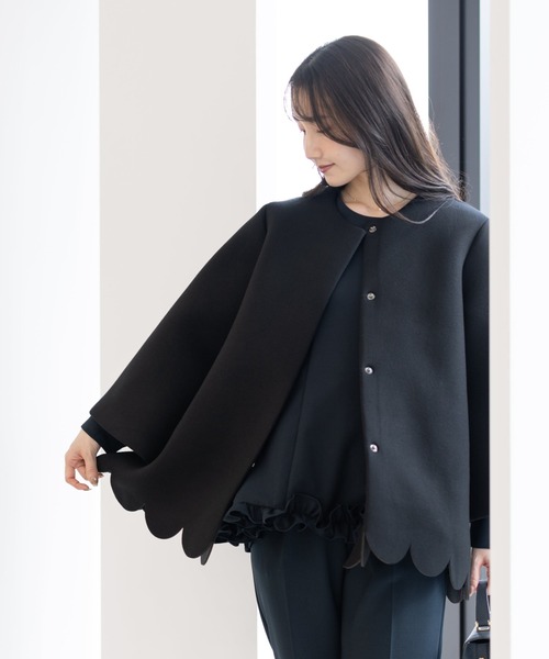 スカラップAラインジャケットコート（ノーカラーコート）｜Neige