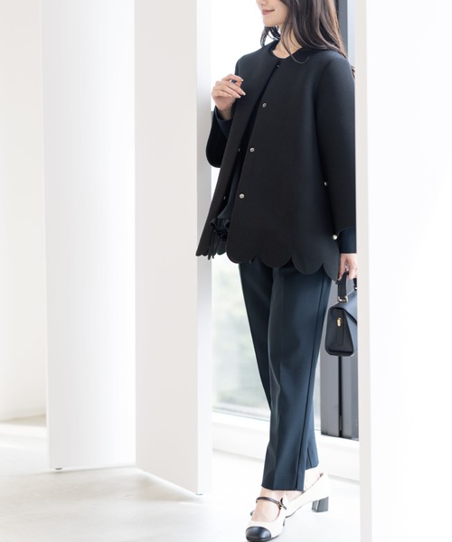 本日のみ！ネージュ　neige★スカラップ ノーカラーコート黒　新品未使用 スカラップAラインジャケットコート（ノーカラーコート）｜Neige