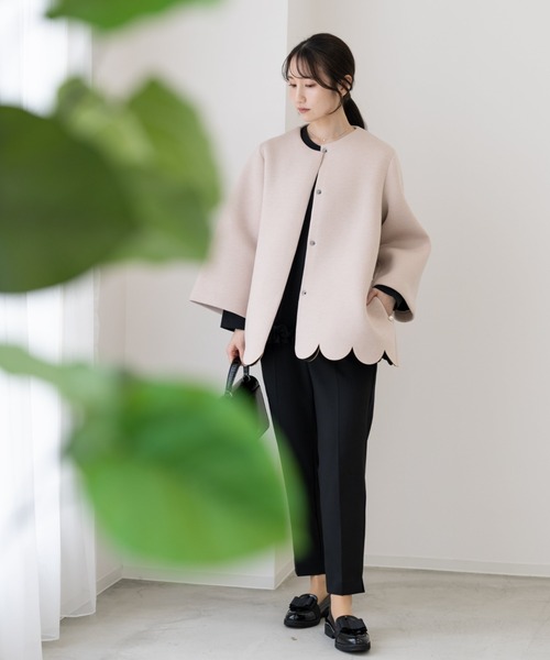 Neige スカラップAラインジャケットコート パール ピンク ノーカラー Neige（ネージュ） ノーカラーコート コート スカラップAライン