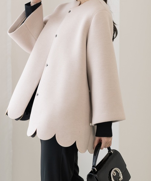 スカラップAラインジャケットコート（ノーカラーコート）｜Neige