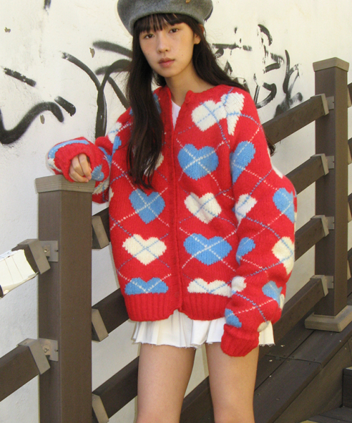 HEART ARGYLE HEAVY KNIT OVER FIT CARDIGAN RED（カーディガン/ボレロ