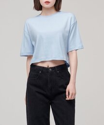 ウィメンズリラックスフィットクルーネッククロップTシャツ[パステルブルー]