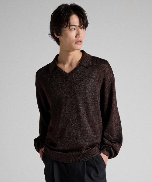 Parts Lab.(パーツラボ)の「【Parts Lab.】Metallic Knit Polo Shirt / メタリックニットポロシャツ(ニット/セーター・メンズ・ブラック/ベージュ/ブラック系1・S/M/L)」の2枚目の写真