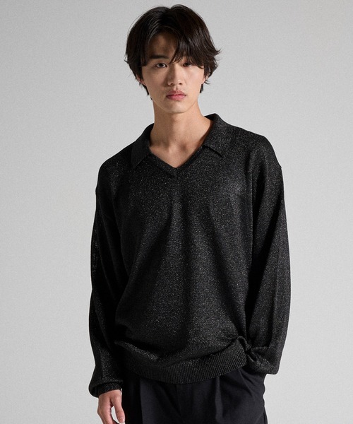 Parts Lab.(パーツラボ)の「【Parts Lab.】Metallic Knit Polo Shirt / メタリックニットポロシャツ(ニット/セーター・メンズ・ブラック/ベージュ/ブラック系1・S/M/L)」の1枚目の写真