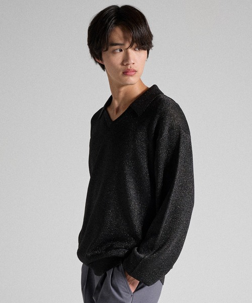 Parts Lab.(パーツラボ)の「【Parts Lab.】Metallic Knit Polo Shirt / メタリックニットポロシャツ(ニット/セーター・メンズ・ブラック/ベージュ/ブラック系1・S/M/L)」の8枚目の写真