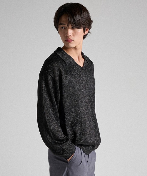 Parts Lab.(パーツラボ)の「【Parts Lab.】Metallic Knit Polo Shirt / メタリックニットポロシャツ(ニット/セーター・メンズ・ブラック/ベージュ/ブラック系1・S/M/L)」の9枚目の写真