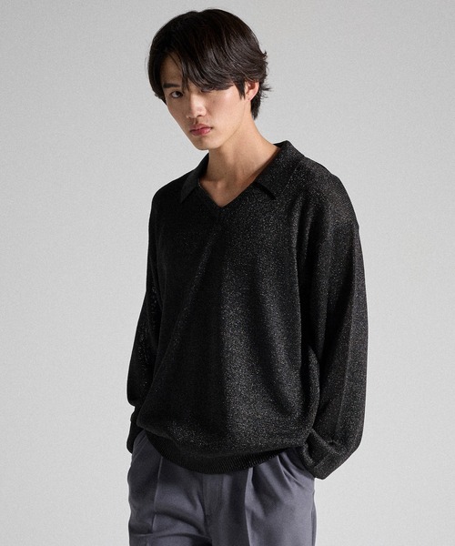 Parts Lab.(パーツラボ)の「【Parts Lab.】Metallic Knit Polo Shirt / メタリックニットポロシャツ(ニット/セーター・メンズ・ブラック/ベージュ/ブラック系1・S/M/L)」の10枚目の写真