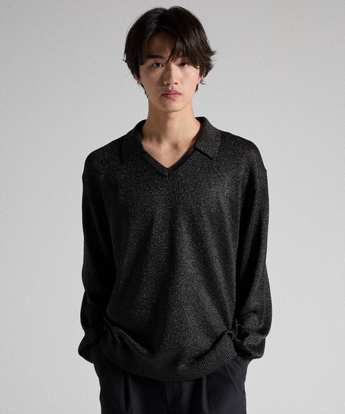 Parts Lab.(パーツラボ)の「【Parts Lab.】Metallic Knit Polo Shirt / メタリックニットポロシャツ(ニット/セーター・メンズ・ブラック/ベージュ/ブラック系1・S/M/L)」の12枚目の写真