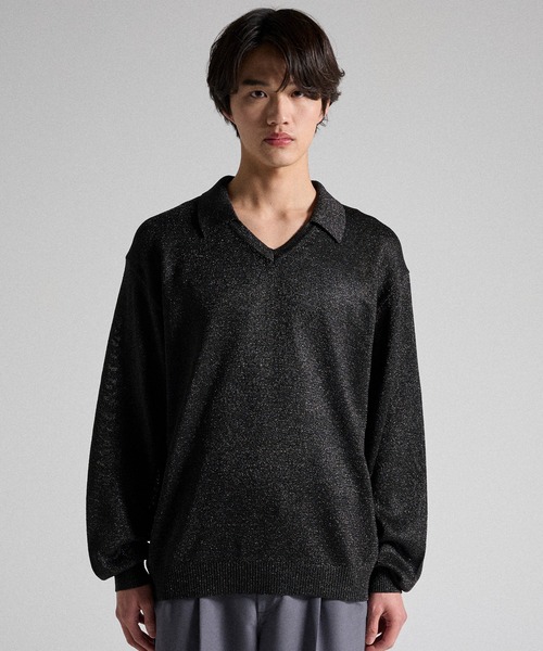 Parts Lab.(パーツラボ)の「【Parts Lab.】Metallic Knit Polo Shirt / メタリックニットポロシャツ(ニット/セーター・メンズ・ブラック/ベージュ/ブラック系1・S/M/L)」の4枚目の写真