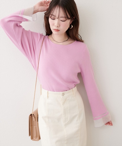 natural couture(ナチュラルクチュール)の「【WEB限定】袖口シアーフレアニット(ニット/セーター・レディース・グレー/オフホワイト/ブラック/ピンク/ミント・FREE)」の5枚目の写真