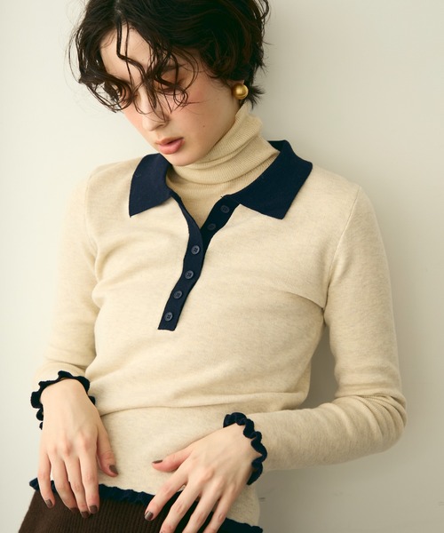 セール】バイカラーポロ襟フリルヘムニット（ニット/セーター）｜Trish