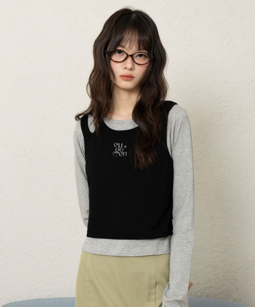 EUGGEN(ユジェン)の「ジャージトップレイヤリングロングスリーブTシャツ_メランジ&ブラック(Tシャツ/カットソー・レディース・その他・SMALL/MEDIUM)」の1枚目の写真