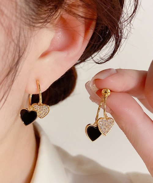 セール】blackdia ocean ダブルハート パヴェ ピアス 金属アレルギー