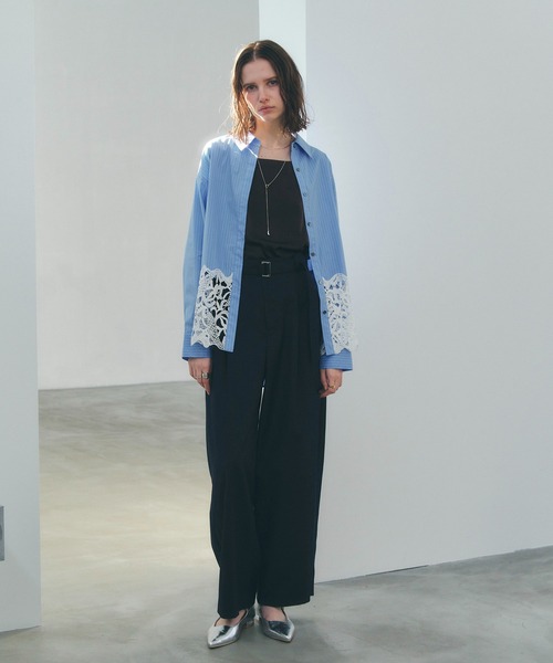 YECCA VECCA（イェッカヴェッカ）の「レースヘムロングシャツ（シャツ/ブラウス・レディース・ストライプ/オフホワイト・FREE）」の9枚目の写真