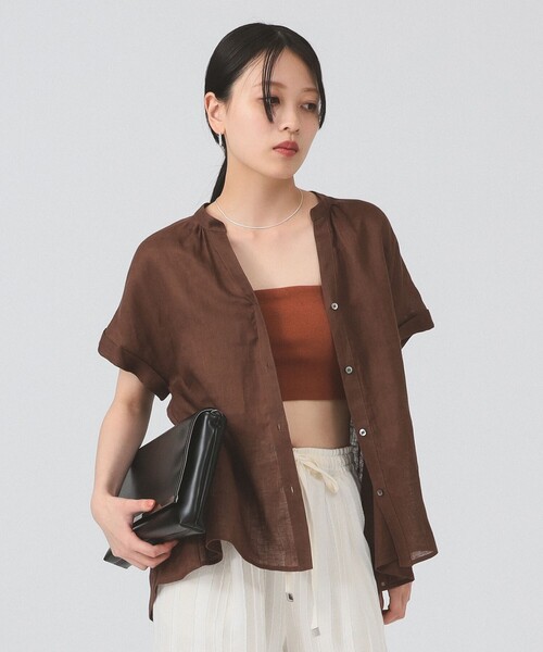 Ray BEAMS(レイビームス)の「リネン スタンドカラー フレンチスリーブ シャツ(シャツ/ブラウス・レディース・ダークブラウン/ピンク/サックスブルー・ONE SIZE)」の7枚目の写真