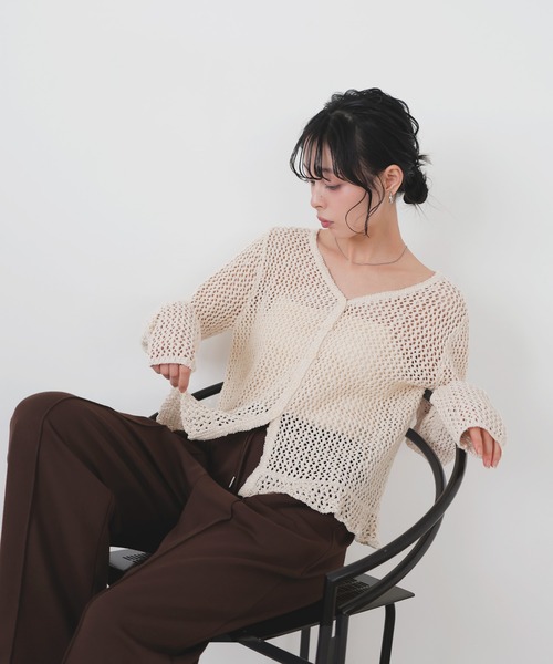 LIAN(リアン)の「Vネックメッシュカーディガン(カーディガン/ボレロ・レディース・ピンク/アイボリー/ブラック/グレー・FREE)」の5枚目の写真