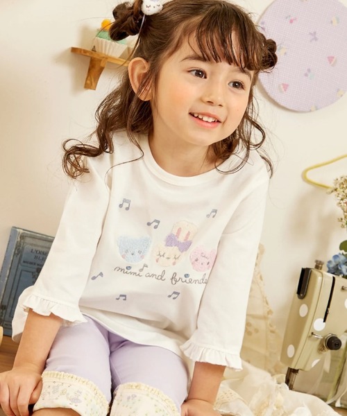 KP(ケーピー)の「mimiちゃんとフレンズ 7分袖Tシャツ 【POMプロテクト加工】(Tシャツ/カットソー・キッズ・ピンク/オフホワイト・90cm/100cm/120cm/130cm/110cm)」の1枚目の写真