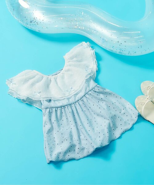 apres les cours（アプレレクール）の「【UVカット】レース・花柄シアーフリルワンピース水着_ジュニア対応（水着・キッズ・サックスブルー/その他3・80/90/100/110/120/130/140）」の2枚目の写真