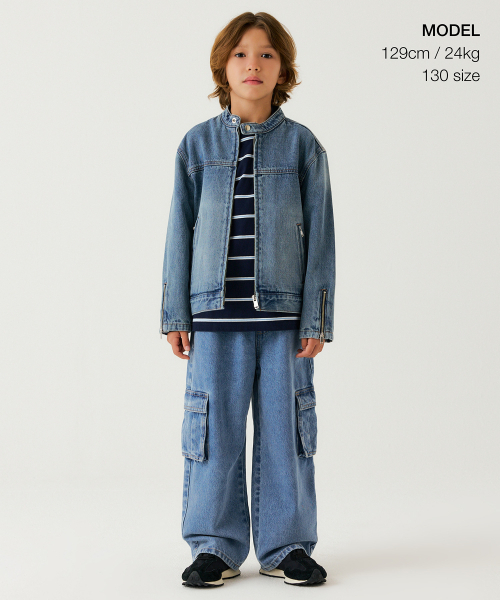 MUSINSA STANDARD KIDS（ムシンサスタンダードキッズ）の「デニムレーサージャケット [ライトインディゴ]（ブルゾン・レディース・その他・100/110/120/130/140/150/160）」の2枚目の写真