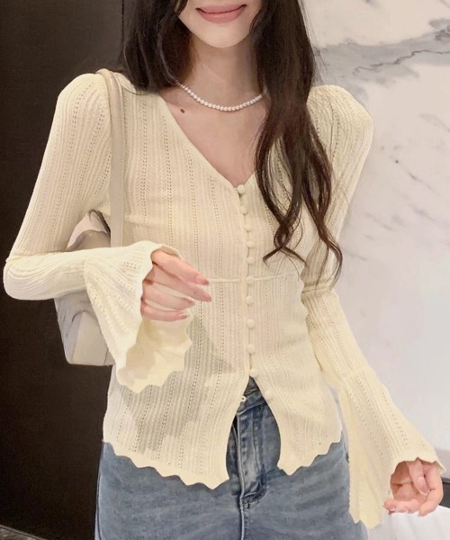 Miniministore（ミニミニストア）の「透かし編みニットフレア袖サマーニット春服（ニット/セーター・レディース・ブラック/アイボリー・FREE）」の2枚目の写真
